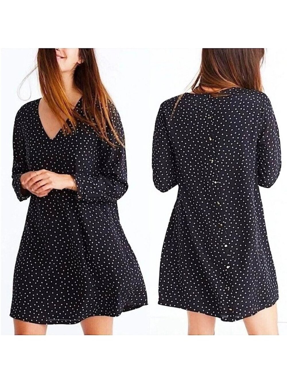 Madewell Black Star Scatter Silk V-Neck Button-Back Long Sleeve Dress Size Large